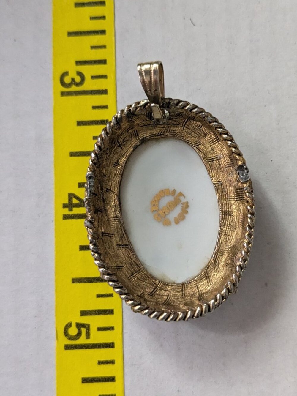 Vintage LIMOGES France Gold Tone Cameo Signed Oval Porcelain Pendant - Picture 4 of 5